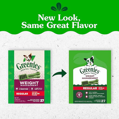 Greenies Veterinarian-Recommended Adult Natural Dental Dog Treats Regular Size, Weight Management Dog Dental Chews, 27 oz. Pack, 27 Count