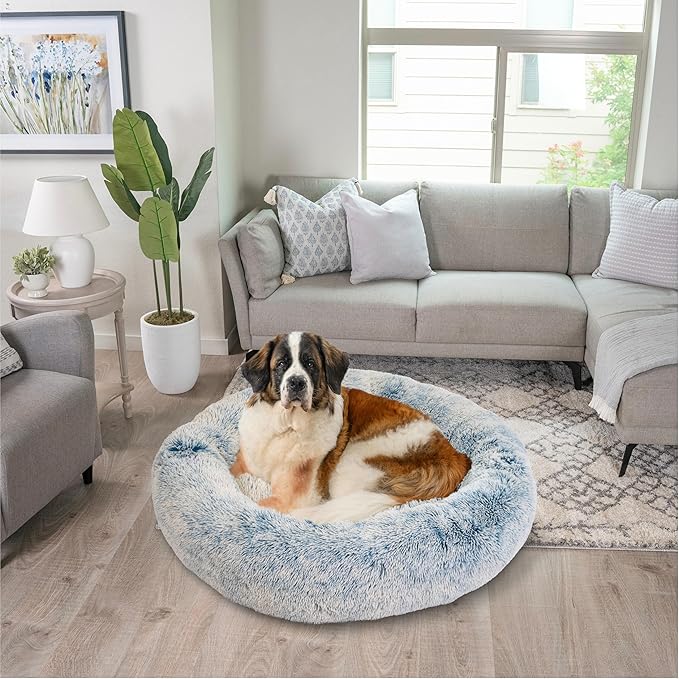 Best Friends by Sheri The Original Calming Donut Dog Bed for Extra-Large Dogs up to 150 lbs, Shag Faux Fur, Denim Blue, 45" x 45"