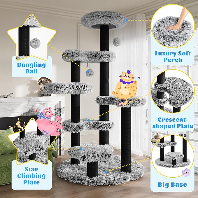 SHA CERLIN 61.5in Cat Tree Tower, Multi-Level Activity Center with Cozy Perch, Star-Shaped Platform, Moon Jumping Board, Sisal Scratching Posts, Hanging Toy Balls for Indoor Feline, Black and White