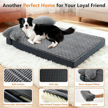 KISYYO Orthopedic XXL Dog Beds for Extra Large Dogs with Removable Washable Cover and Removable Pillow for Crate, Waterproof Extra Large Dogs Mat, Grey, 47x29