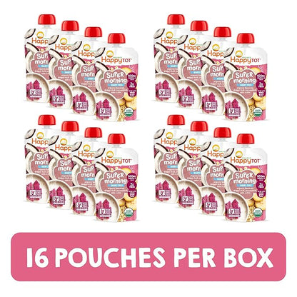 HAPPYTOT Organics Stage 4 Baby Food Pouches, Gluten Free, Vegan & Dairy Free Snack, Super Morning Fruit & Oat Blend, Bananas, Dragon Fruit, Coconutmilk, Oats & Chia, 4 Oz (Pack of 16)