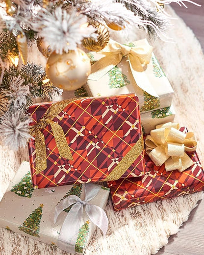 Papyrus Holiday Foil Wrapping Paper, Red Argyle, Pine Trees and Doves (2 Pack), 6392753