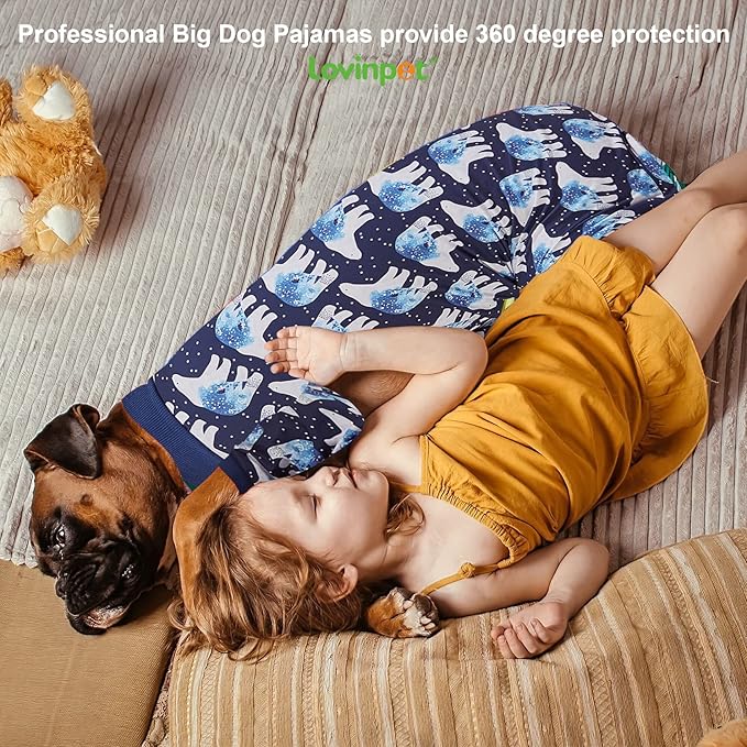 LovinPet Big Dog Pajamas, Post Surgery Onesie UV Protection, Blue Triangle Print, Lightweight Stretchy Big Dogs Pullover Shirt, Full Coverage Large Breed Dog Jammies, Pet PJ's, Medium