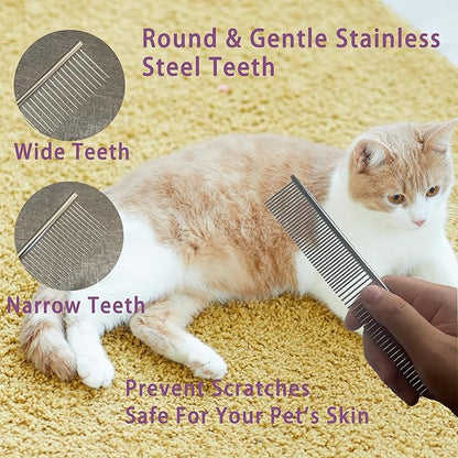 Cat Grooming Brush Kit 6 Tools - Deshedding & Dematting for Long/Short Hair, Self-Cleaning Slicker Brush with 6-in-1 Flea Comb for Cats & Kittens (Blue)