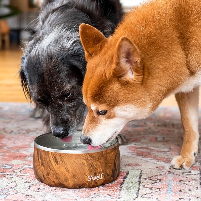 S'well Stainless Steel Pet Bowl, 32oz, Teakwood, for Small to Medium Size Dogs, Mess Free Design with Non Slip Rubber Bottom, Dishwasher Safe, BPA Free