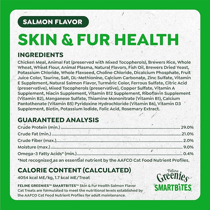 Greenies Cat Treats, Feline Smartbites, Skin & Fur Health, Crunchy and Soft Cat Treats, Salmon Flavor, 2.1 oz. Pack
