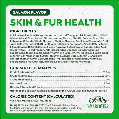 Greenies Cat Treats, Feline Smartbites, Skin & Fur Health, Crunchy and Soft Cat Treats, Salmon Flavor, 2.1 oz. Pack