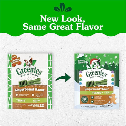 Greenies Veterinarian-Recommended, Limited-Edition Natural Dental Dog Treats Teenie Size, Gingerbread Flavor, 6 oz. Pack, 22 Count