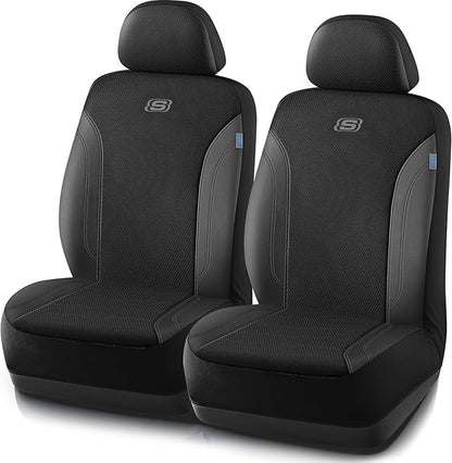 Skechers Car Seat Covers, Work Leather Seat Covers 5-Times Stronger Built-in Webbing, Oxford Fabric Front Seat Cover, Airbag Compatible, Automotive Comfort for Cars, Trucks, SUVs,Black