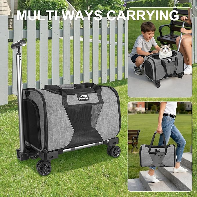 Soft Sided Cat Carrier Wheels Rolling Dog Carrier Airline Approved Pet Carrier with Wheels for Puppy and Kitten with Telescopic Handle and Trolley for Traveling Camping Vet Hiking,Grey