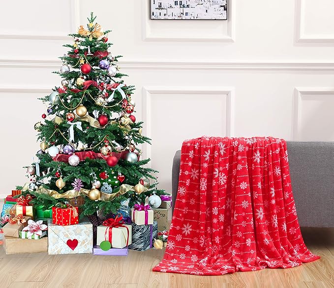 Elegant Comfort Velvet Touch Ultra Plush Christmas Holiday Printed Fleece Throw/Blanket-50 x 60inch, (Red Snowflake)