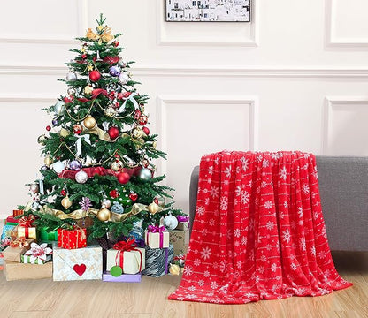 Elegant Comfort Velvet Touch Ultra Plush Christmas Holiday Printed Fleece Throw/Blanket-50 x 60inch, (Red Snowflake)