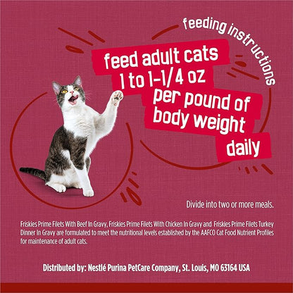 Purina Friskies Gravy Wet Cat Food Variety Pack, Prime Filets Meaty Favorites - (Pack of 24) 5.5 oz. Cans
