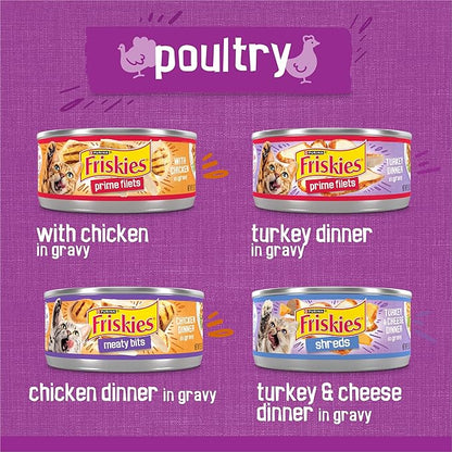 Friskies Purina Gravy Wet Cat Food Variety Pack, Poultry Shreds, Meaty Bits and Prime Filets - (Pack of 64) 5.5 oz. Cans