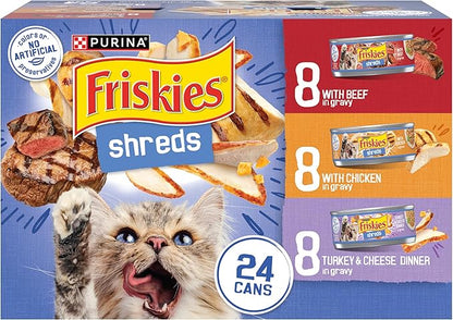 Purina Friskies Gravy Wet Cat Food Variety Pack, Shreds With Beef, With Chicken, and Turkey and Cheese Dinner - (Pack of 24) 5.5 oz. Cans