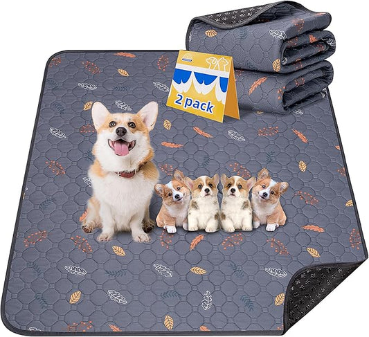 Sunheir Washable Pee Pads for Dogs 2-Pack Reusable Puppy Pads Pet Training Pads, Waterproof Dog Pee Pads for Crate, Whelping Pad, Non-Slip Protects Against Urine Leakage (Leaves - Deep Grey, 24x36)