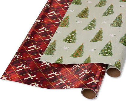 Papyrus Holiday Foil Wrapping Paper, Red Argyle, Pine Trees and Doves (2 Pack), 6392753