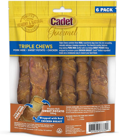 Cadet Gourmet Triple Chews Long-Lasting Pork Hide Sticks with Sweet Potato and Chicken,Healthy Dog Treats for Small & Large Dogs,6 Count (Pack of 2)