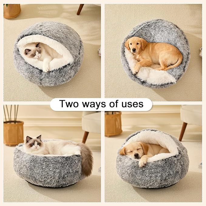 Calming Dog Beds & Cat Cave Bed with Hooded Cover,Removable Washable Round Beds for Small Medium Pets,Anti-Slip Faux Fur Fluffy Coved Bed for Improved Sleep,Fits up to 15/25 lbs(Grey,M)