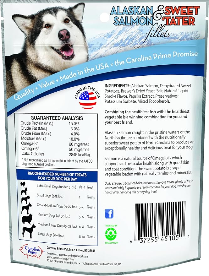 Carolina Prime Pet 45111 Salmon and Sweet Tater Fillets Treat for Dogs, 5 oz Pouch (Pack of 2)