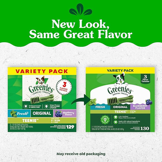 Greenies Dog Treats Veterinarian-Recommended Natural Dental Treats for Dogs, Teenie Size, Variety Pack Flavor, (3) 12 oz. Packs, 130 Count