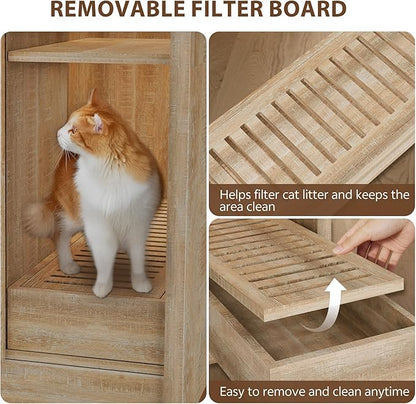 Cat Litter Box Enclosure for Automatic Litter Box, Litter Box Enclosure with Litter Collector and Power Outlet, Large Cat House with Adjustable Shelf for Dog Proof, Side Table, Natural