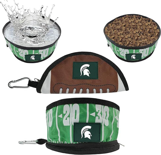 Pets First NCAA Michigan State Spartans Collapsible Dog Travel Bowl, Food and Water Bowl for Dogs & Cats. Lightweight Leak-Proof Pet Bowl for Travel with Football Field & Pebble-Grain Design