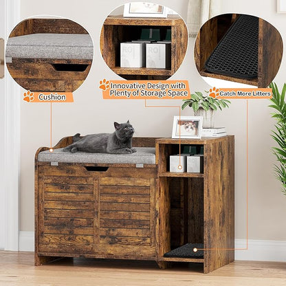 Cat Litter Box Enclosures Large Hidden Cat Litter Box Furniture Enclosure w/Top Opening Door, Wooden End Table Pet House w/Storage Shelf, Cushion & Mat, Dog Proof Design for Easy Cleaning