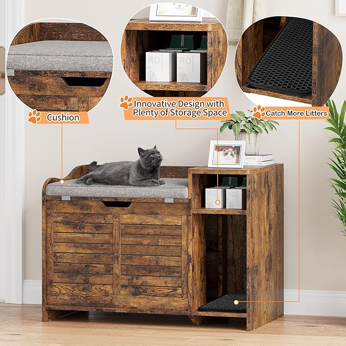 IDEALHOUSE Cat Litter Box Enclosures with Top Opening with Cushion, Cat Litter Box Furniture Hidden, Cat House, Privacy Cat Litter Box Cabinet, Storage Cabinet, Hidden Litter Box Furniture, Brown
