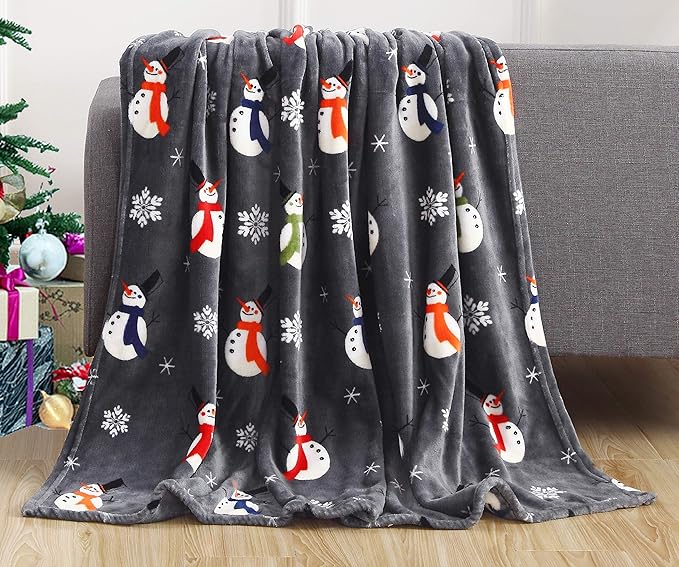 Elegant Comfort Velvet Touch Ultra Plush Christmas Holiday Printed Fleece Throw/Blanket-50 x 60inch, (Snowman Flake)