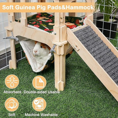 Bienbee Guinea Pig Hideout, Large Wooden Guinea Pig Castle with Stair, Hammock and Mat, Detachable Double-Decker Guinea Pigs House for Bunny Hamster Chinchilla Ferret Rabbit Guinea Pigs Accessories