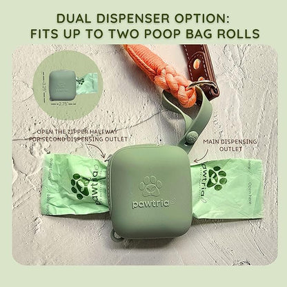 Pawtria Walk Duo Set: Certified Home Compostable Dog Poop Bags (120) + Premium Silicone Dog Poop Bag Dispenser (3.25"H X 2.75"L), BPA-Free, Leak-Proof, Light, Durable, Supports Rescue Dogs