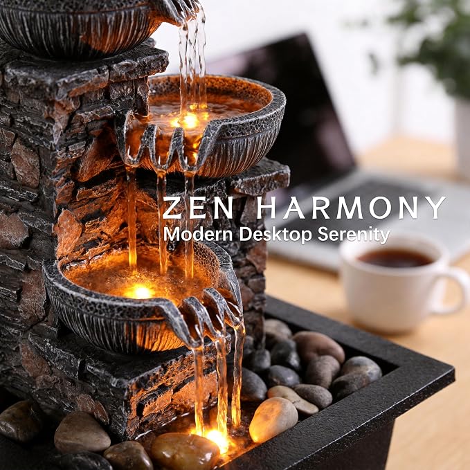 Kalona Tabletop Water Fountain, 3-Bowl Indoor Waterfall with LED Light | 9 cascading streams create soothing water sounds; rock-castle resin decor for meditation, relaxation, home, office or desk.