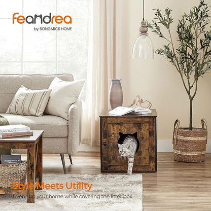 Feandrea Cat Litter Box Furniture, Hidden Litter Box Enclosure Cabinet with Single Door, Indoor Cat House, End Table, Nightstand, Rustic Brown and Black UPCL004X02