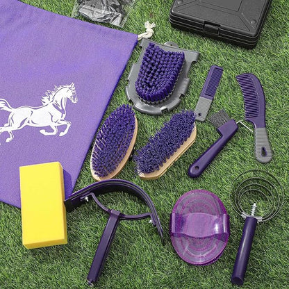 Abbylike 12 Pieces Horse Grooming Kit Racing Festival Tack Room Supplies Horse Brush Sets Equine Care Cleaning Kit Shedding Grooming Massaging Tools(Gray and Purple)