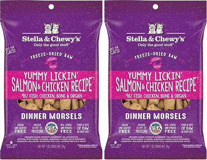 Stella & Chewy's Freeze-Dried Raw Cat Dinner Morsels - Premium Salmon & Chicken Recipe with 98% Wild-Caught & Cage-Free Protein - Natural Grain-Free Cat & Kitten Food - Made in USA - 1 oz (Pack of 2)