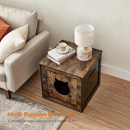 Feandrea Cat Litter Box Furniture, Hidden Litter Box Enclosure Cabinet with Single Door, Indoor Cat House, End Table, Nightstand, Rustic Brown and Black UPCL004X02