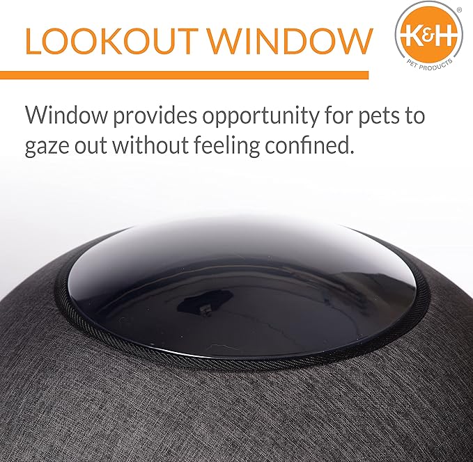 K&H Pet Products Thermo Lookout Pod Heated Cat Bed for Indoor Cats or Small Dogs, Covered Warming Bed Cave for Large Kitties, Washable Cushion, Collapsible, Safety Listed - Round 22in Classy Gray 4W