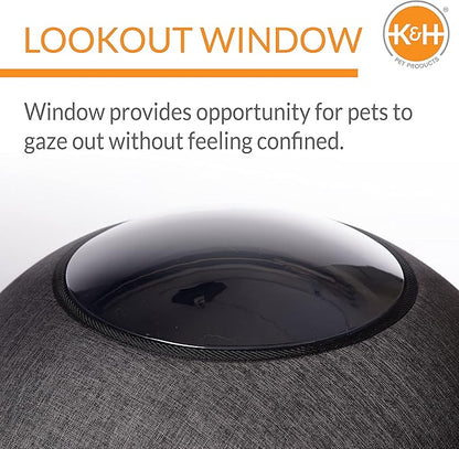 K&H Pet Products Thermo Lookout Pod Heated Cat Bed for Indoor Cats or Small Dogs, Covered Warming Bed Cave for Large Kitties, Washable Cushion, Collapsible, Safety Listed - Round 22in Classy Gray 4W