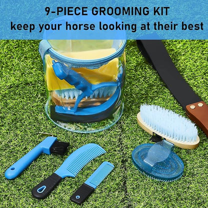 Cunhill 9 Pcs Horse Grooming Kit Tack Room Supplies Set with Tote Bag, Oval Massage Curry, Hard and Soft Brush, Hoof Pick, Sweat Scraper, Bathing Sponge, Comb for Horse Rider(Cute,Blue)