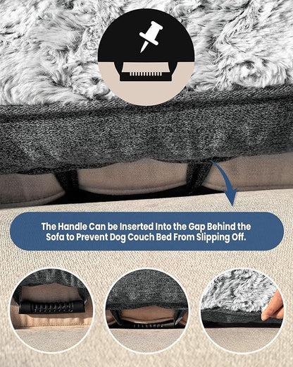 Calming Large Dog Bed for Couch, 41 x 37 inch Removable Couch Cover for Dogs Washable, Non-Slip Fluffy Plush Dog Sofa Mat for Furniture Protector - Dark Grey