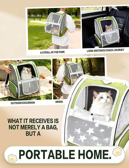 Green Cat Backpack Carrier with Washable Crate Bed Mat Breathable Cat Carrier Large Space for Medium Small Dog Puppy Kitty Bunny Ventilated Mesh Pet Backpack for Cats Travel Hiking Walking Outdoor Use