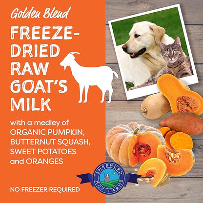Shepherd Boy Farms Freeze Dried Raw Goats Milk with Probiotics for Dogs & Cats (Golden Blend), Organic USA Veggies & Fruits, High Protein, Digestible Goat Milk Powder, Food Toppers - Makes 32 FL OZ