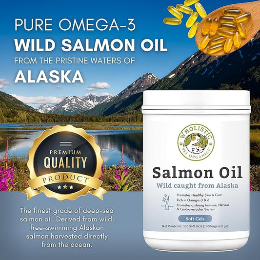 Wholistic Pet Organics Wild Alaskan Salmon Oil for Dogs and Cats - Omega 3 Fish Oil for Dogs & Cats - Cat & Dog Skin and Coat Supplement, Heart and Joint Health - DHA, EPA Omega 3 6 9-500 Soft Gels