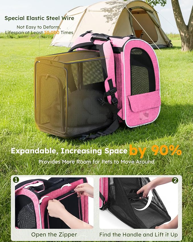 Pecute Cat Backpack Carrier Expandable, Pet Backpack for Cats & Small Dogs Up to 11lbs, with 4-Side Breathable Mesh, Multi-Entry & Lockable Zippers for Travel, Hiking, Camping - Hands Free, Pink