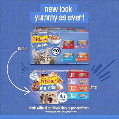 Purina Friskies Wet Cat Food Variety Pack, Shreds With Beef, Turkey and Cheese Dinner, Chicken and Salmon Dinner, and With Ocean Whitefish and Tuna - (Pack of 40) 5.5 oz. Cans