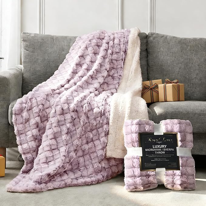 Royal Luxe Micromink Sherpa Throw Blanket for Couch, Fluffy Plush Reversible Throw Blanket for Sofa Bed Chair Room Decor - Luxury Soft Cozy Gifts for Women, 50 x 60 Inches, Purple