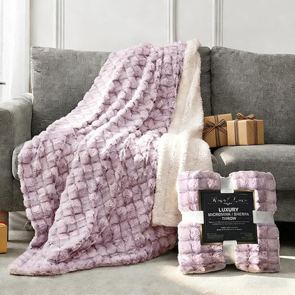 Royal Luxe Micromink Sherpa Throw Blanket for Couch, Fluffy Plush Reversible Throw Blanket for Sofa Bed Chair Room Decor - Luxury Soft Cozy Gifts for Women, 50 x 60 Inches, Purple