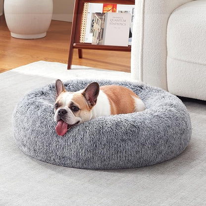 Donut Dog Bed Medium Size Dog, Round Cat Beds for Small Medium Dogs and Cats with Washable Fluffy Faux Fur, Cute Comfort Pet Bed with Anti-Slip Bottom, Grey, 24"