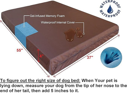 Dogbed4less Orthopedic Memory Foam Dog Bed for Large Dog, Waterproof Liner and Durable Pet Bed Cover, Gel Cooling XXL 55X37X4 Pad, Micro Suede in Khaki